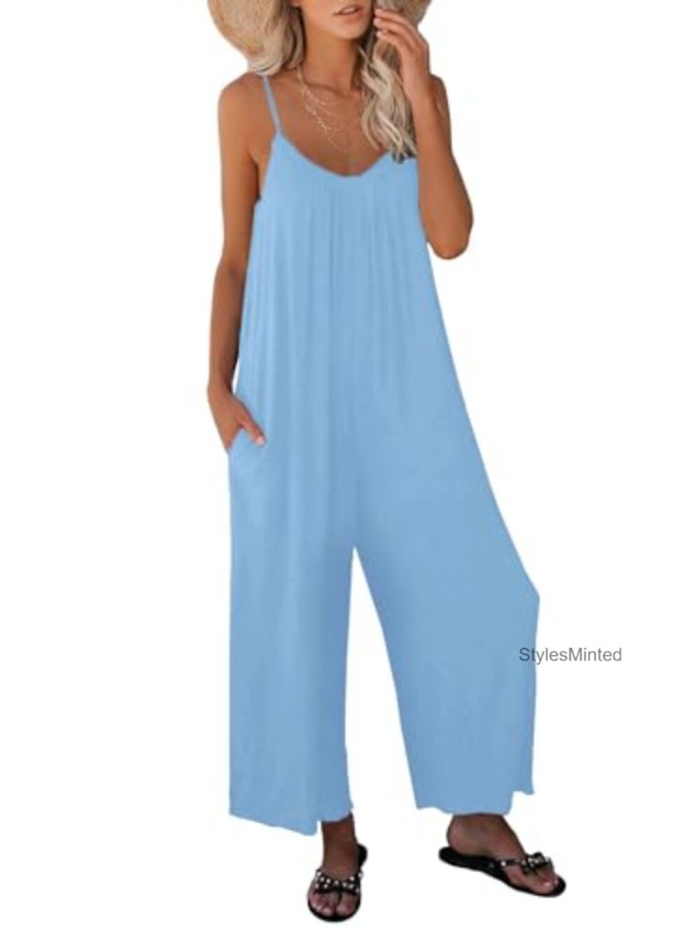 Sleeveless Wide Leg Jumpsuit Adjustable Spaghetti Strap Loose Fit with Pockets